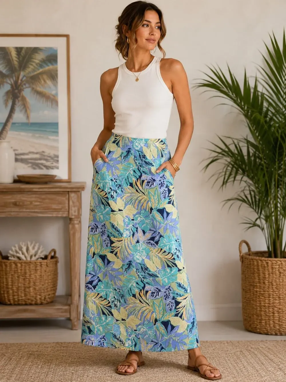 Talbots Tropical Print Linen Blend Maxi Skirt Women's Size 12 Blue Pockets